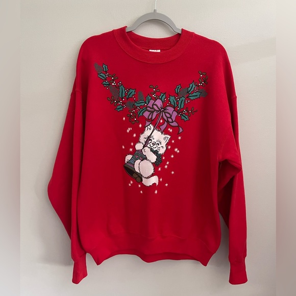 Fruit of the Loom Sweaters - Vintage 80s 90s Christmas Cat Sweatshirt